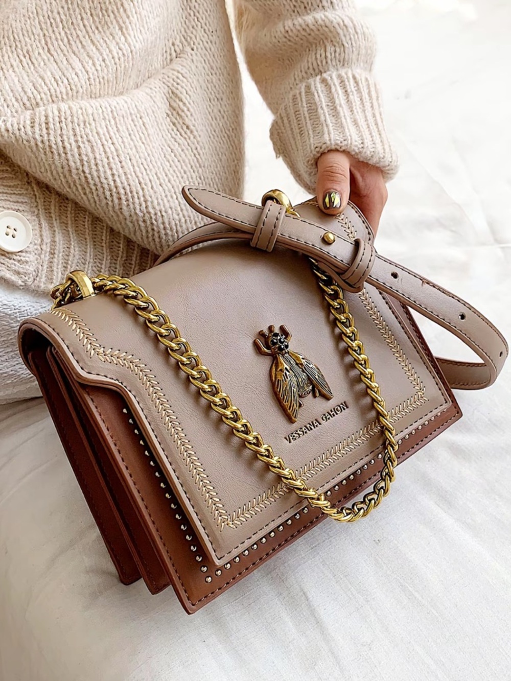 Beige Leather Chain Shoulder Bag